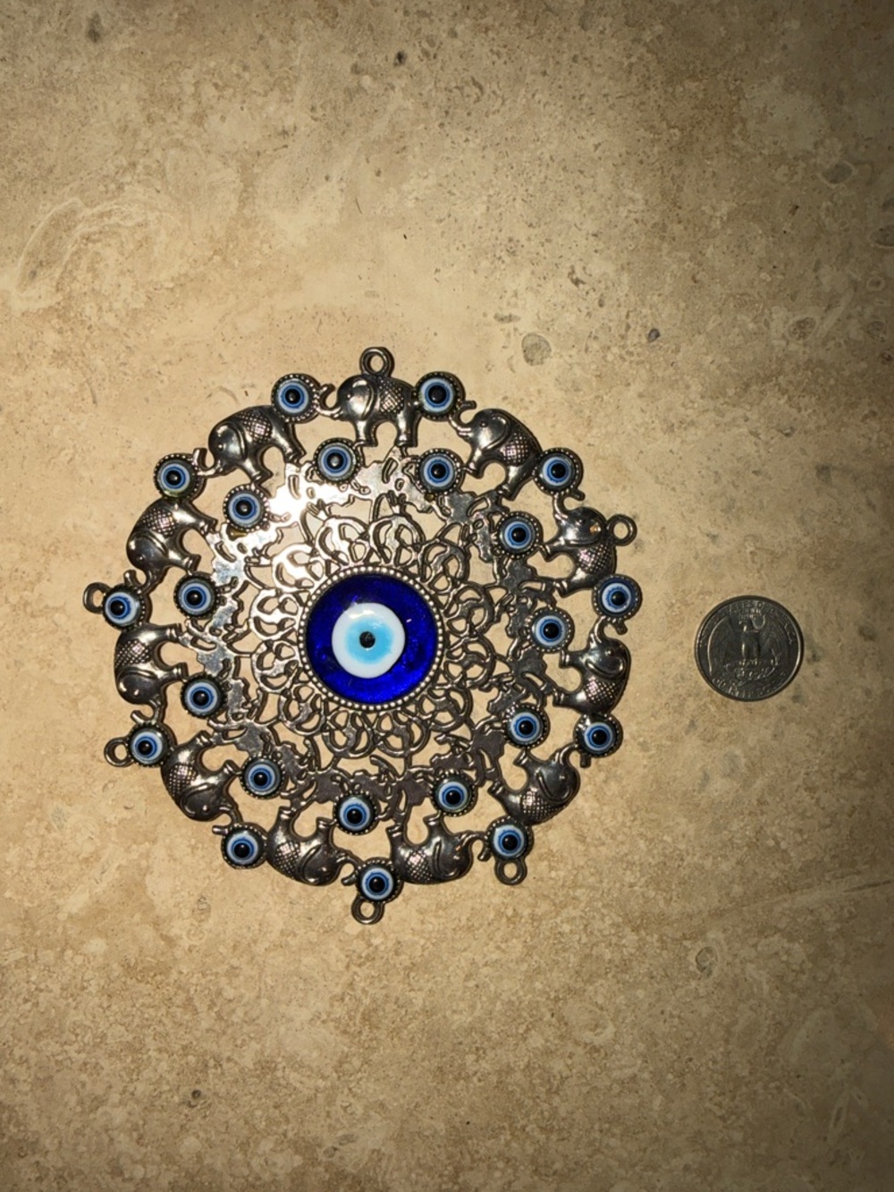 Evil Eye Filigree Medallion Pendant with Elephant Accents - Blue